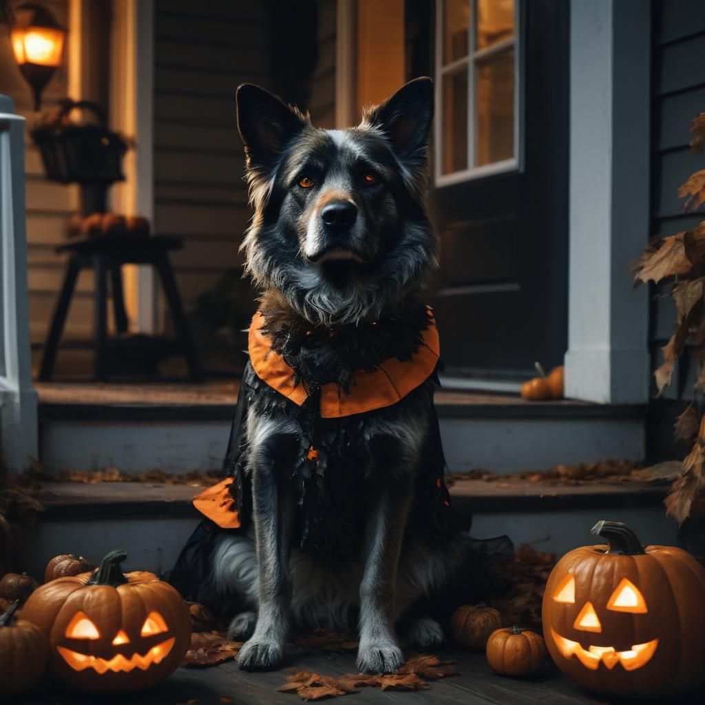 Dog in Halloween Costume on Spooky Porch