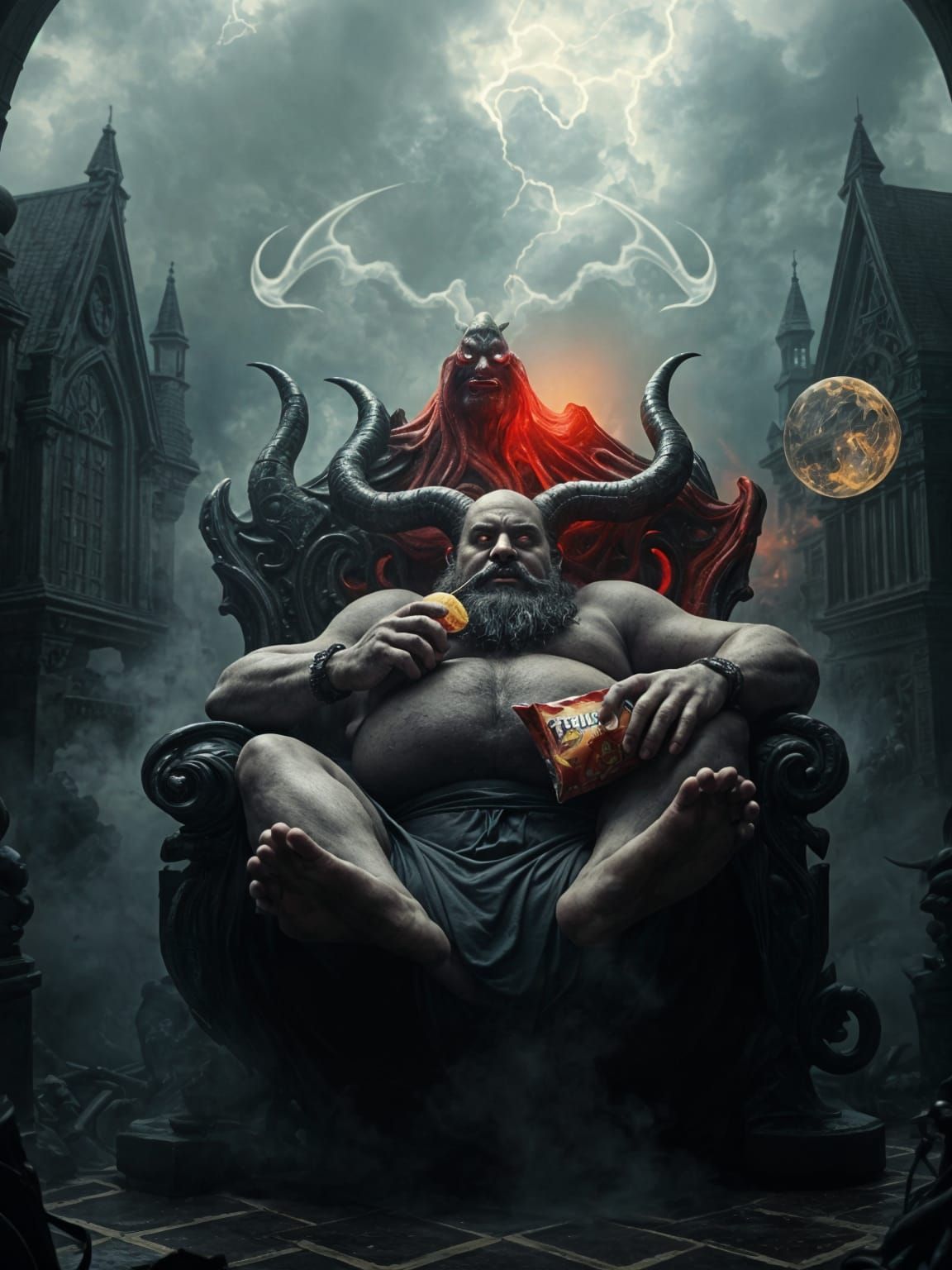 Hyperrealistic Portrait of a Lazy Satan in a Fantasy Environ...