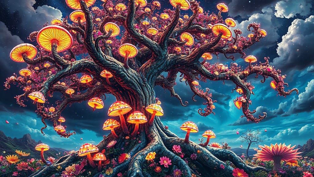 Surreal Tree Blooms with Glowing Mushrooms and Vibrant Flowe...