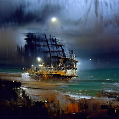 Ghost Pirate Ship at Night, Oil Painting
