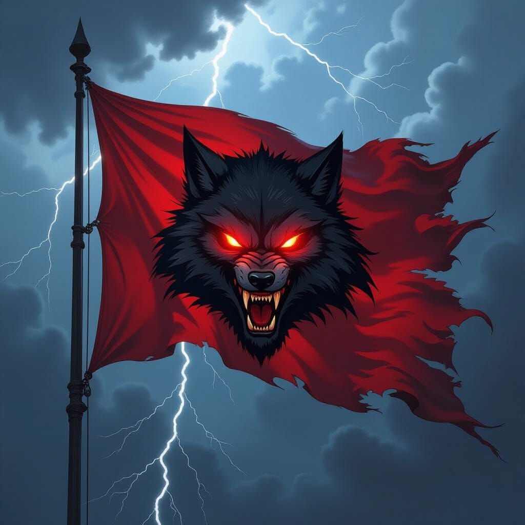 Demonic Wolf Flag in Stormy Sky