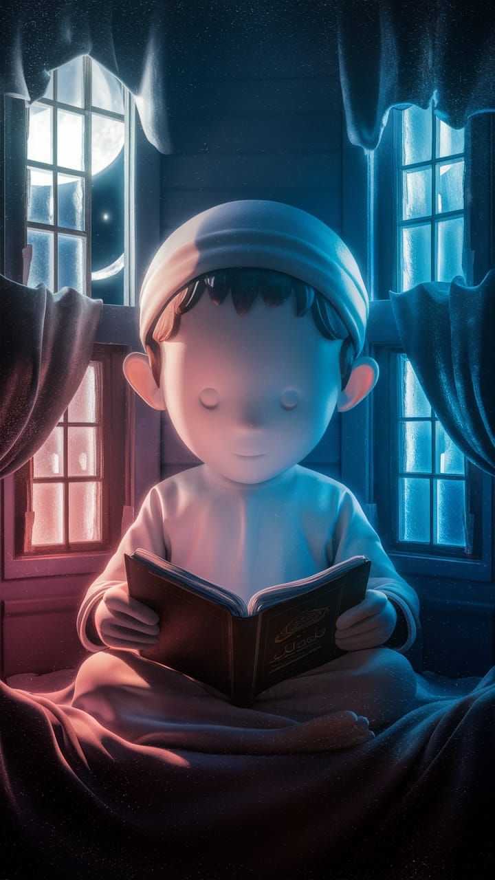 Dreamy Portrait: Muslim Boy Reads Quran in Moonlight