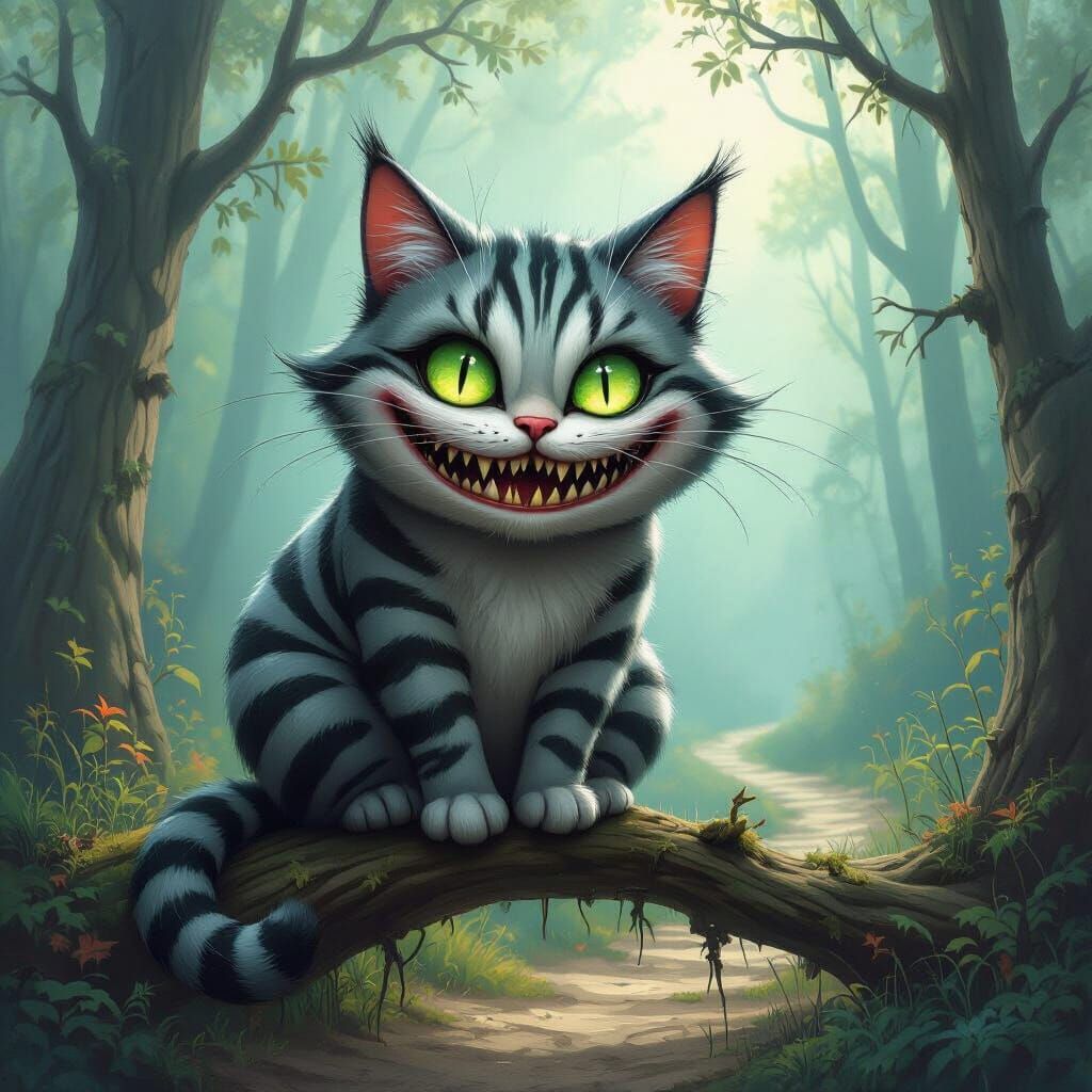 Surreal Cheshire Cat Grinning on a Branch in Whispering Wood...