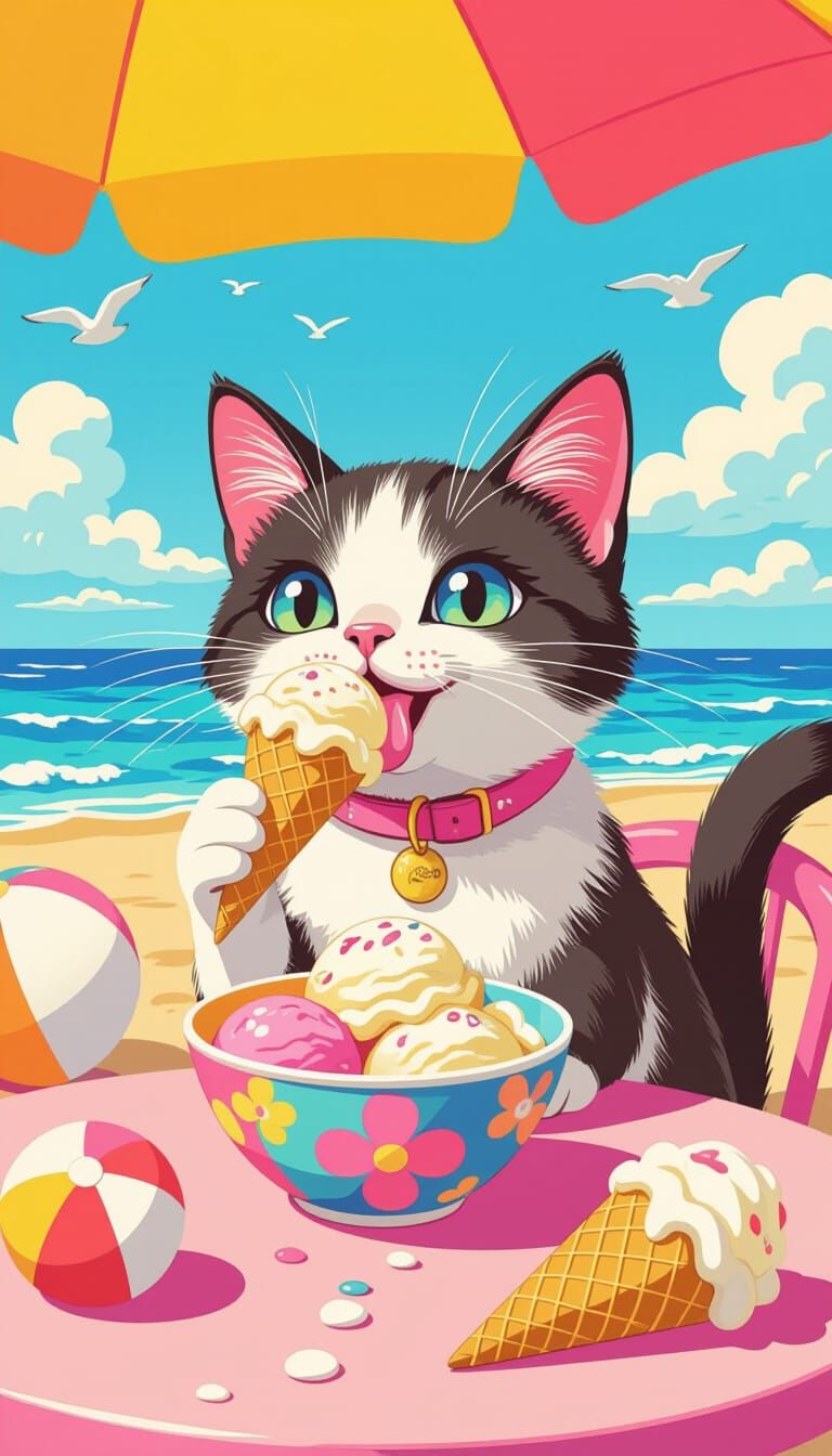 Playful Cat Licks Ice Cream at Seaside Cafe in Whimsical Sty...
