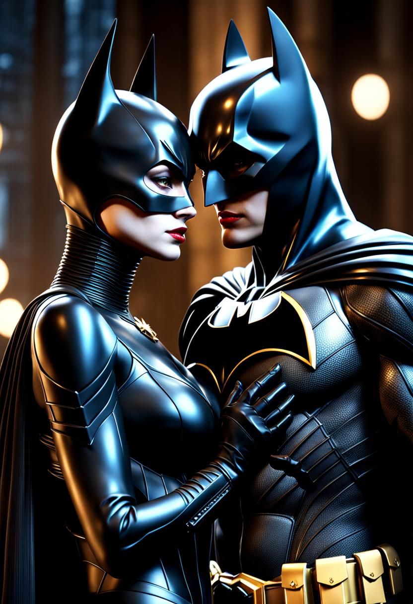 Batman and Catwoman Embrace: Photorealistic 8k Render