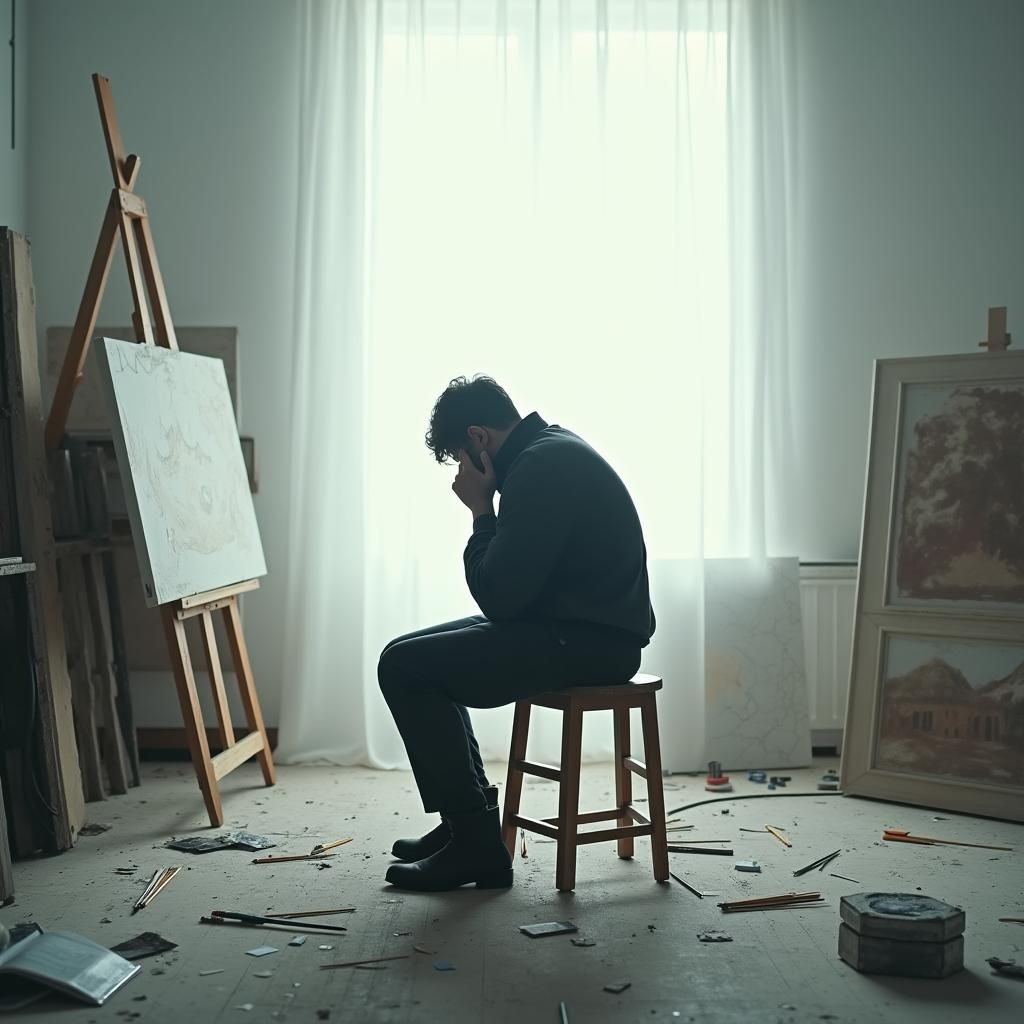 Contemplative Artist in Studio with Film Noir Lighting