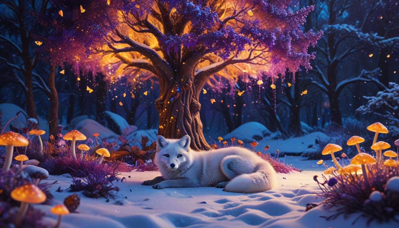 Surreal Arctic Fox Under Glowing Tree in Vibrant Garden