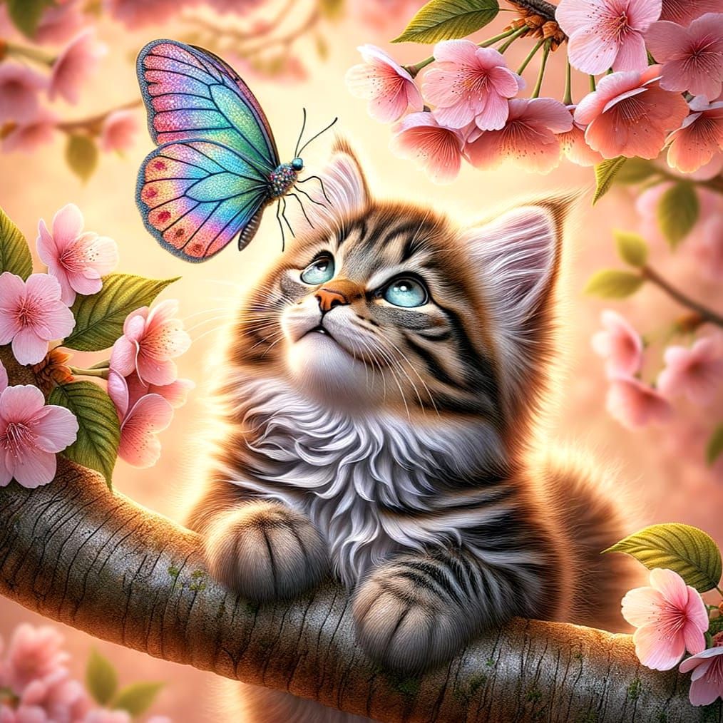 Whimsical Feline Encounter in Cherry Blossom Wonderland