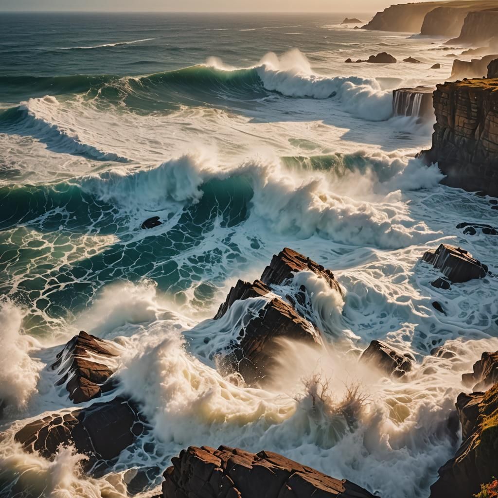 Cinematic Ocean Waves Eroding Cliffside at Sunrise