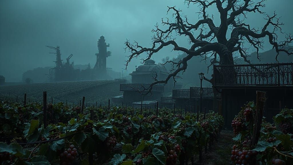 Biomechanical Vineyards in Eerie Twilight