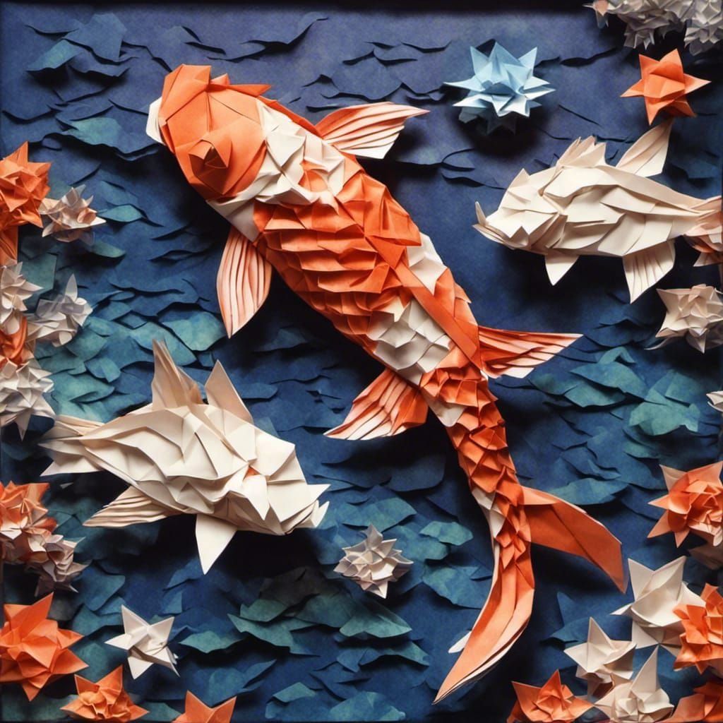 Origami Koi Swimming in a Pond