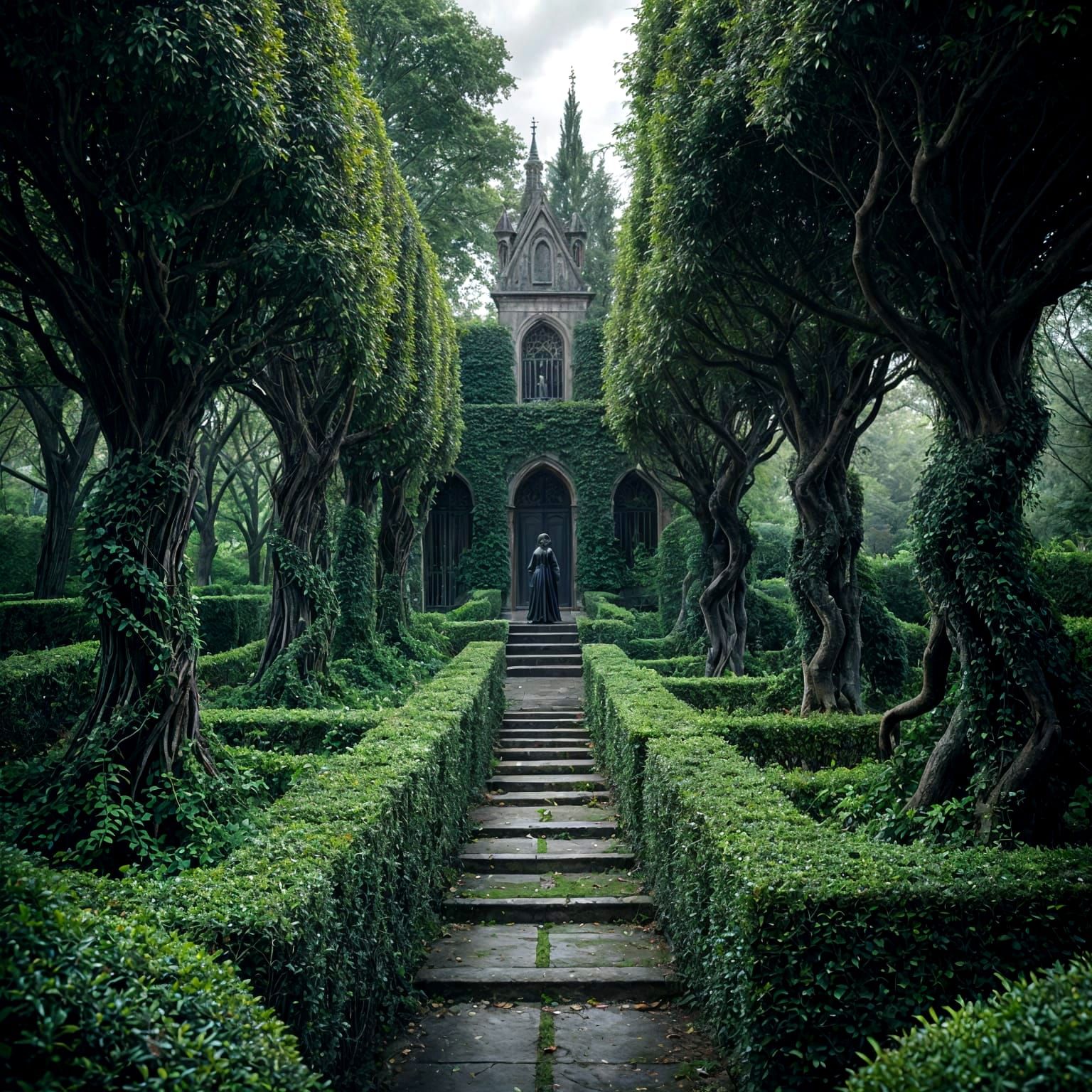 Ominous Hedge Maze with Hidden Statues