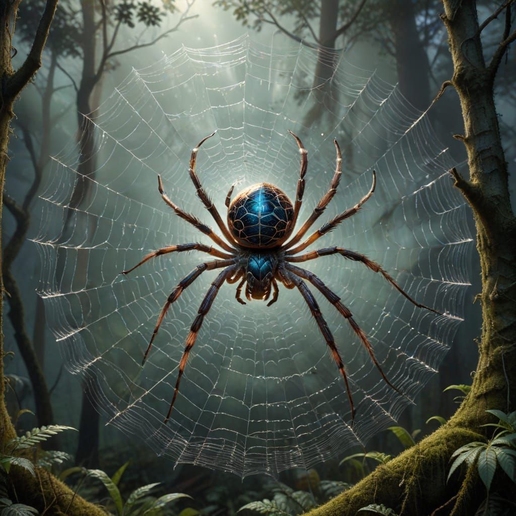 Giant Spider Weaving Fibonacci Spiral Web in Misty Forest