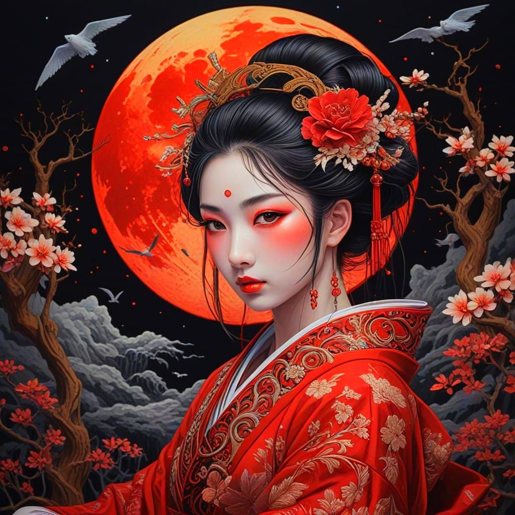 Ethereal Geisha Under Blood Moon
