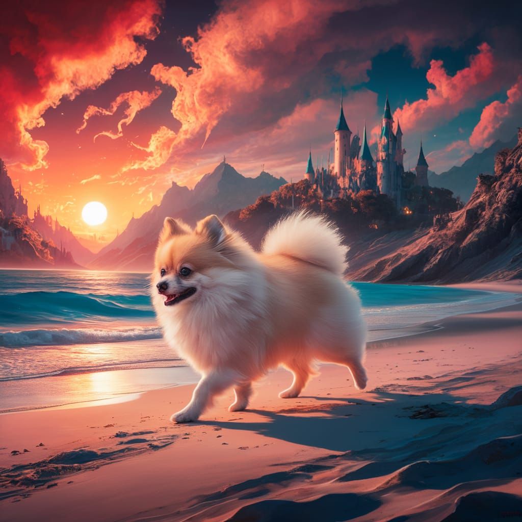 Pomeranian on Beach at Sunset: Matte Painting