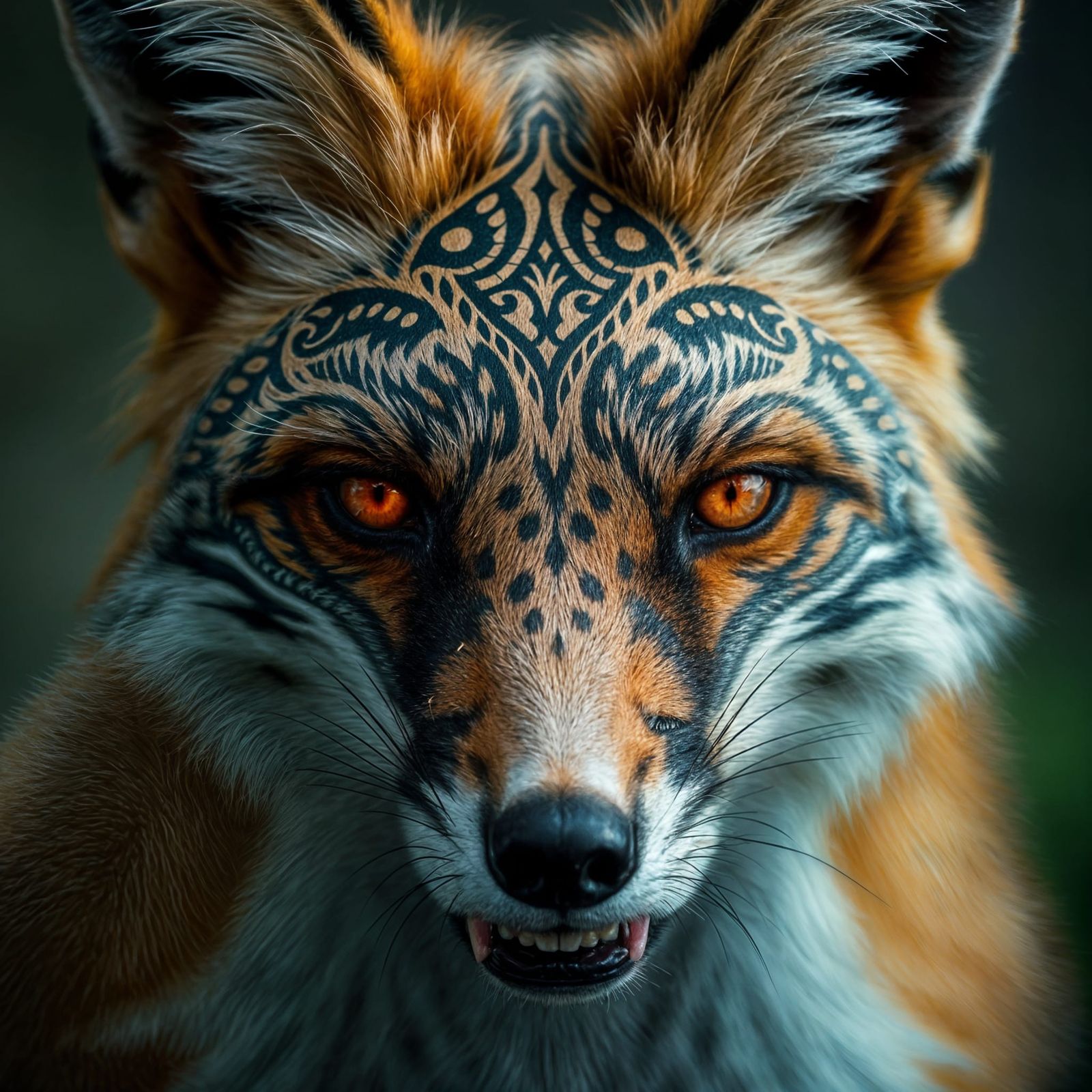 Fox with Tribal Tattoos: Cinematic Close-Up Portrait