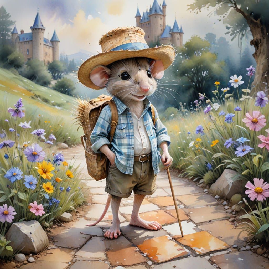 Whimsical Country Mouse Wanders to Castle in Watercolour Sty...