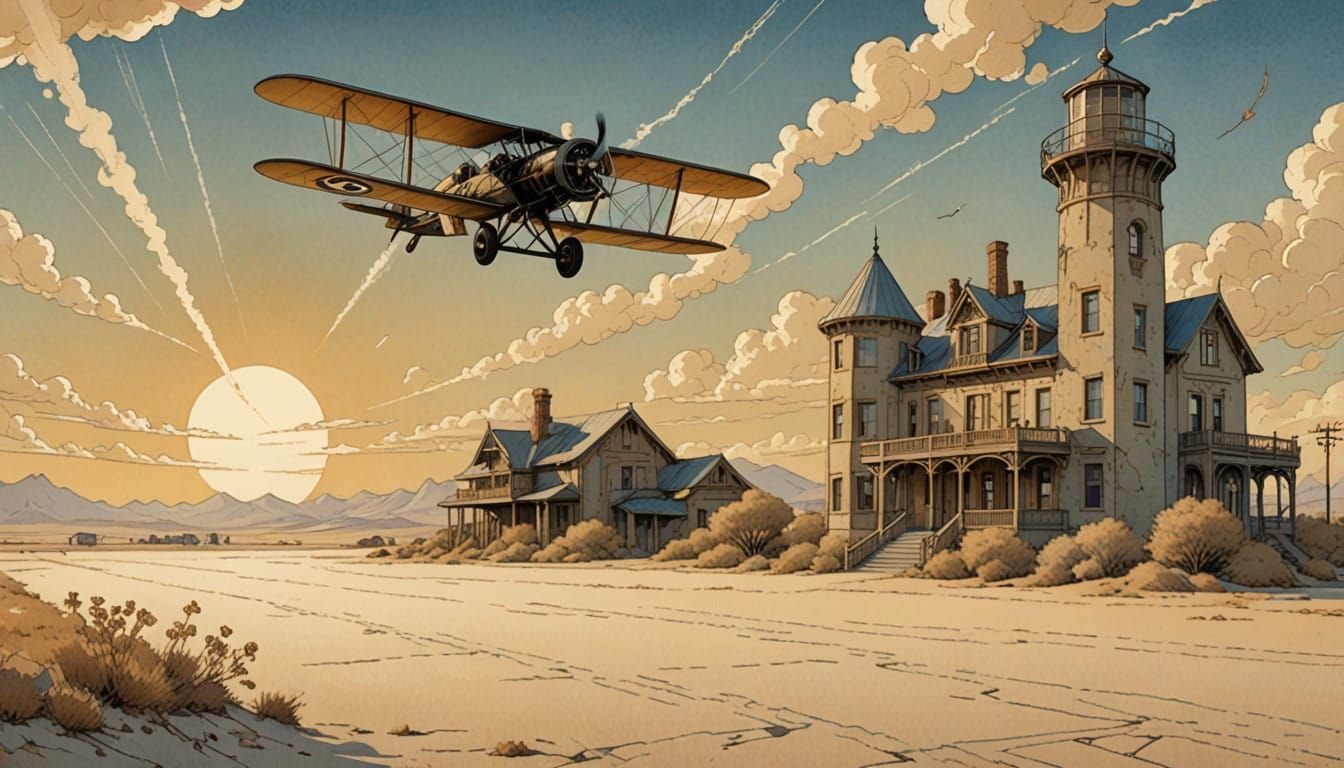 Vintage Biplane Soars Above Art Deco Airfield in Dreamy, Ret...