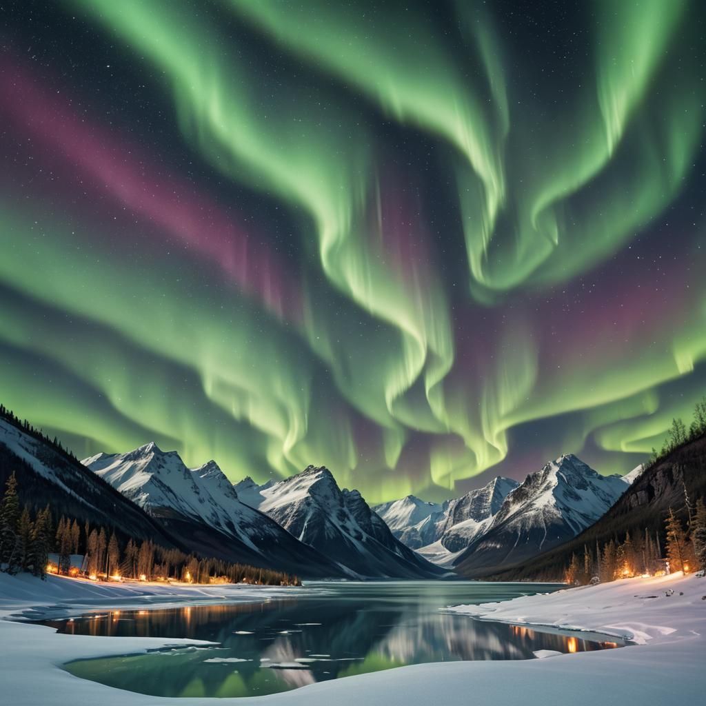 Aurora Borealis Over Frozen Landscape: Digital Painting