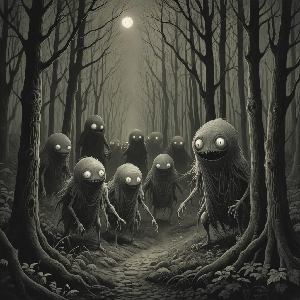 Ghoul Creatures Lurking in Dark Forest, Shaun Tan Style