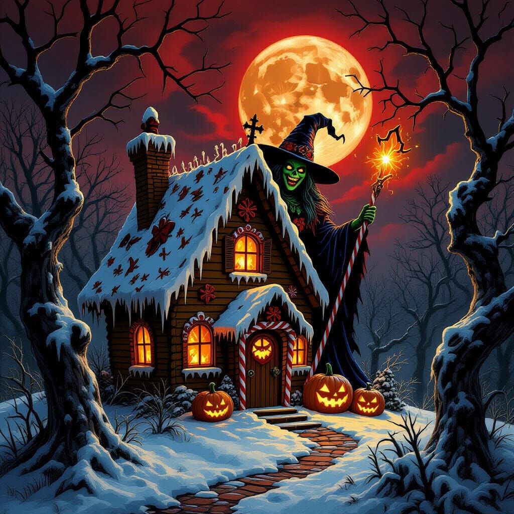 Macabre Gingerbread House with Evil Witch Under Blood Moon