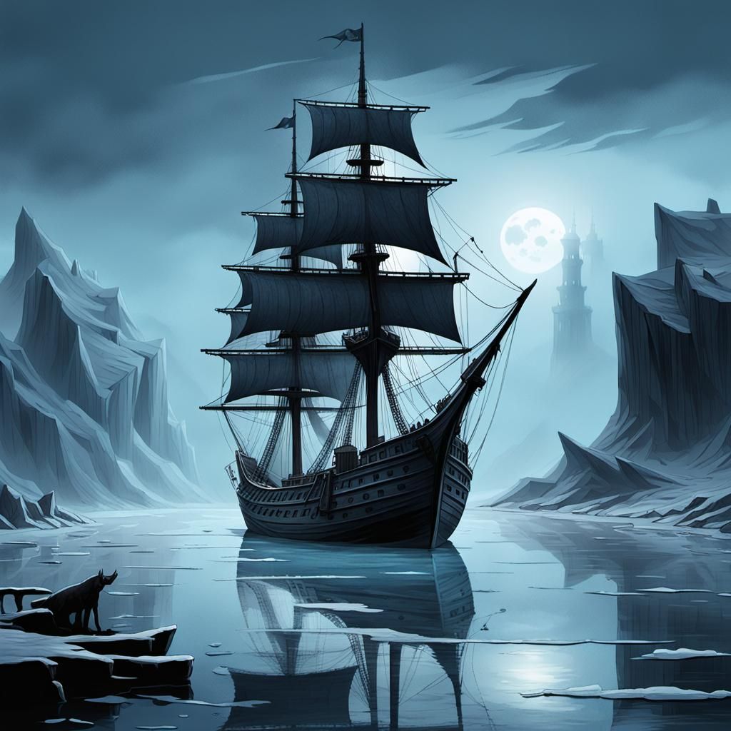 Dark Fantasy Merchant Ship in Icy Bay