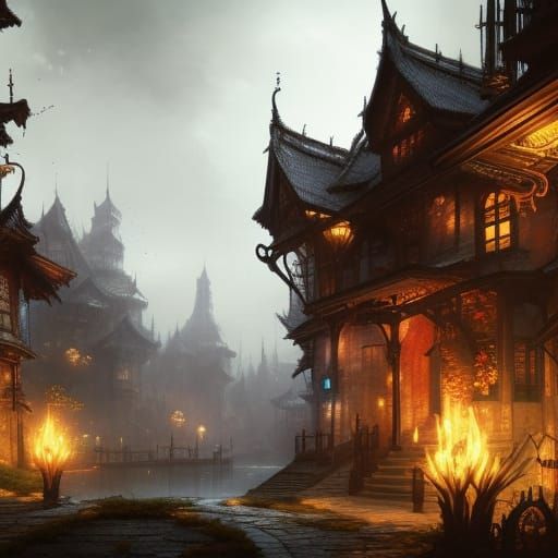 Asian Gothic Village in Dark Fantasy Style