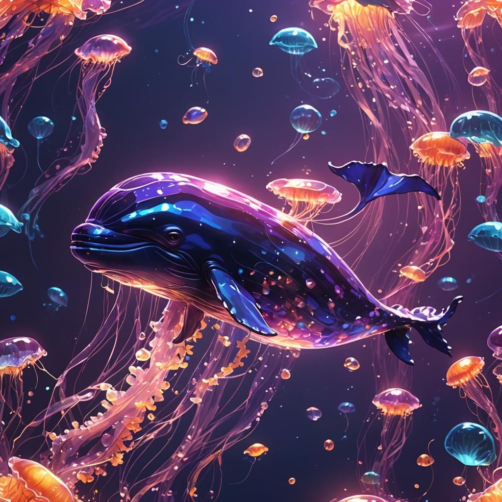 Glowing Glass Whale in Anime Style Ocean