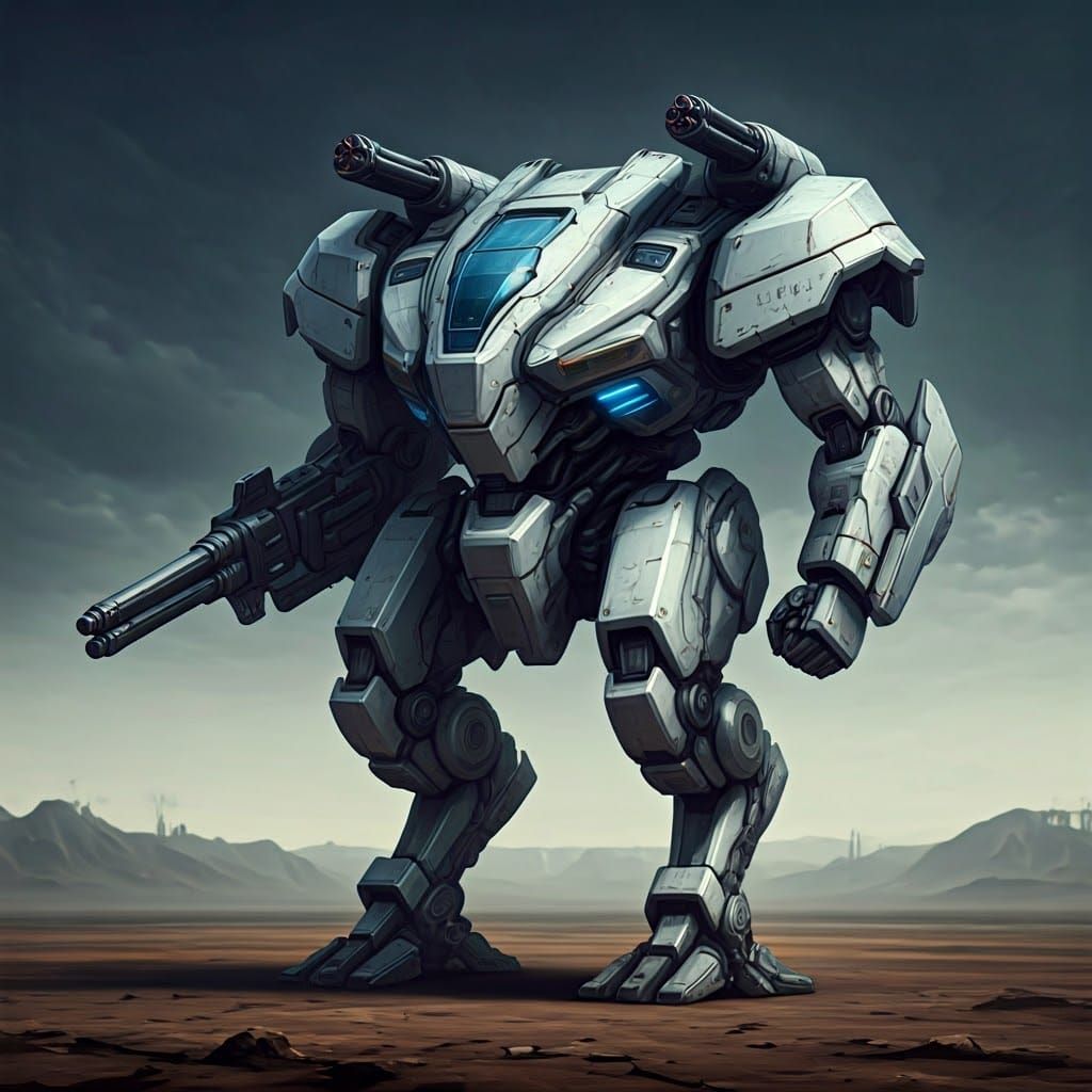 Towering Mech Strides Through Industrial Wasteland