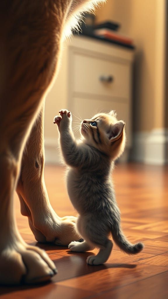Fluffy Kitten Bites a Dog's Leg in a Cozy Indoor Scene