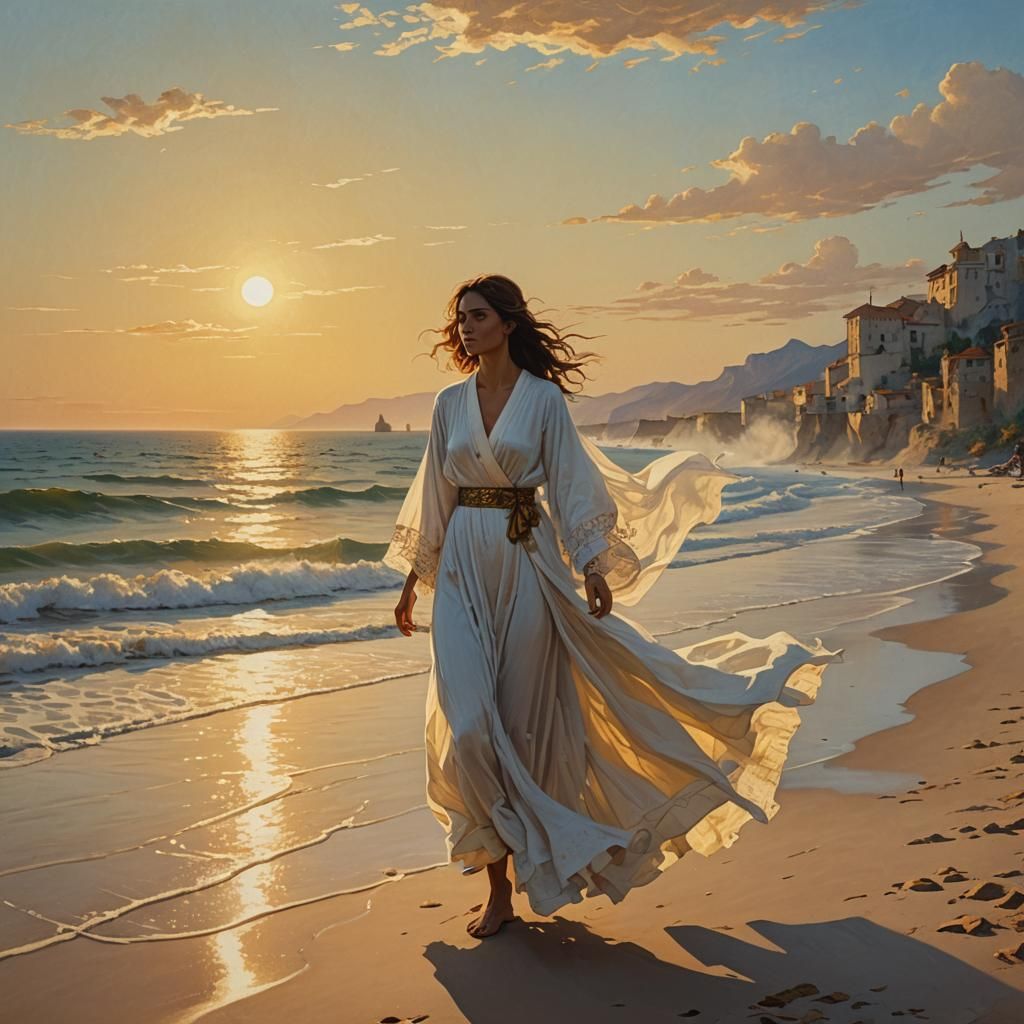 Sun-Kissed Woman on Antalya Beach: Oil Painting Aesthetic