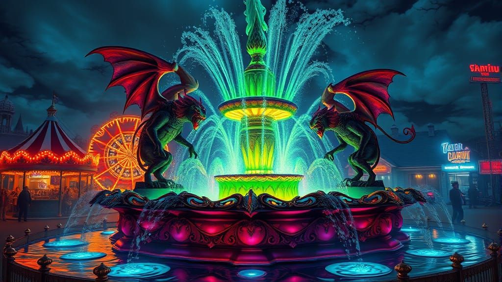Dark Carnival Fountain with Animated Gargoyles