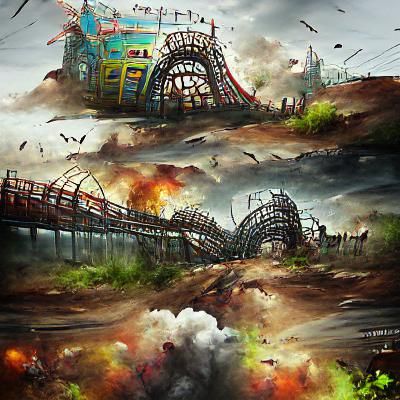 Post-Apocalyptic Roller Coaster Theme Park Painting