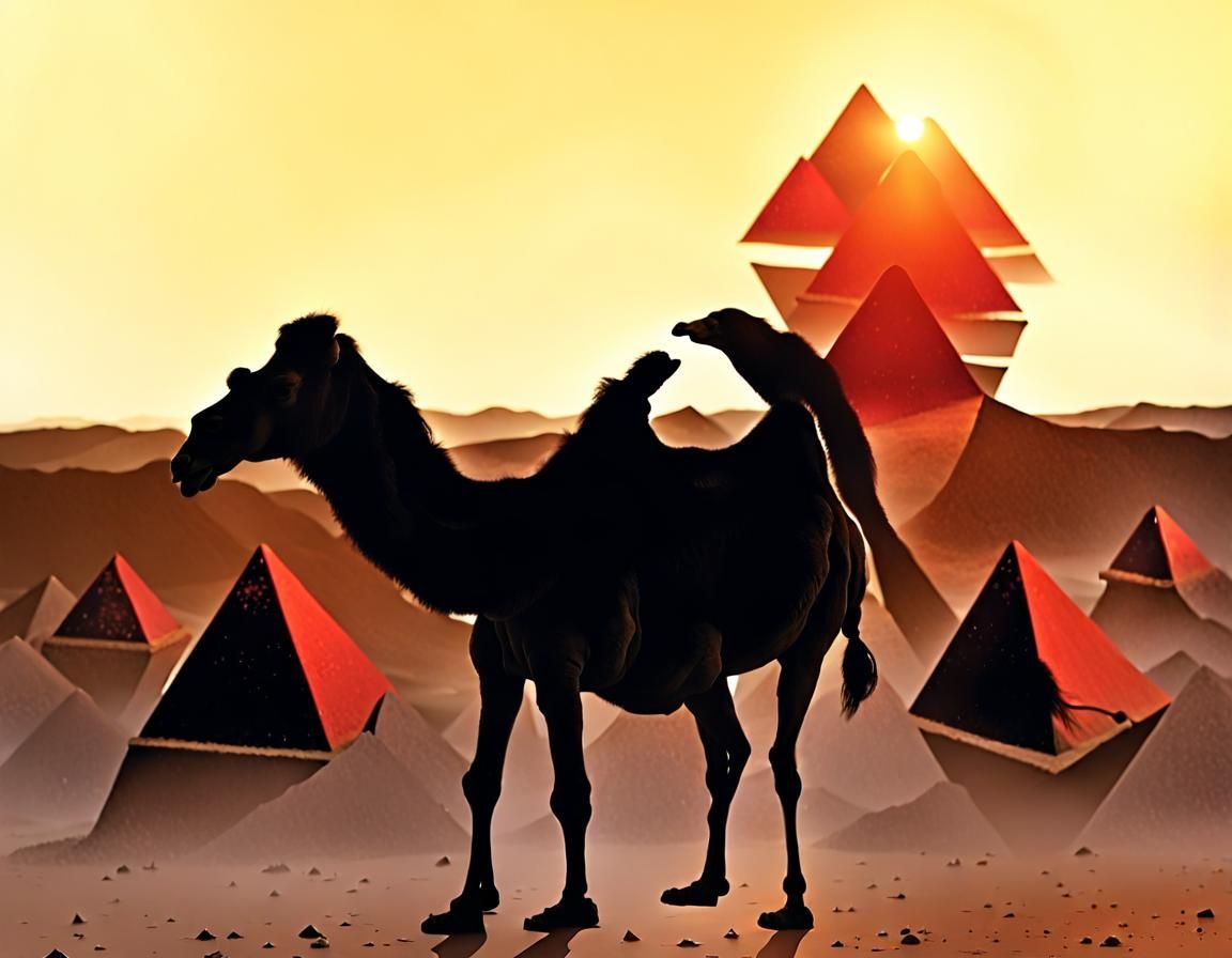 Camel Silhouette with Pyramids in Vignette Style