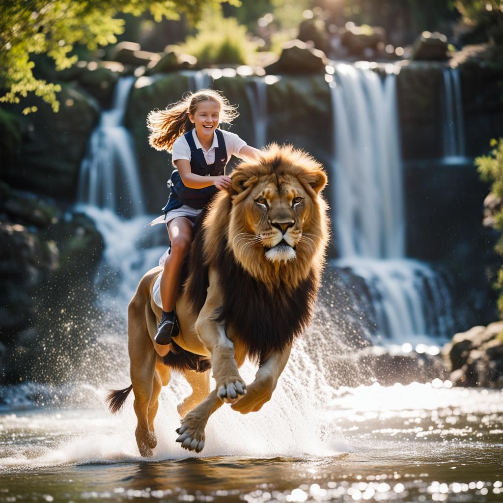 English Schoolgirl Rides Lion Leaping Waterfall