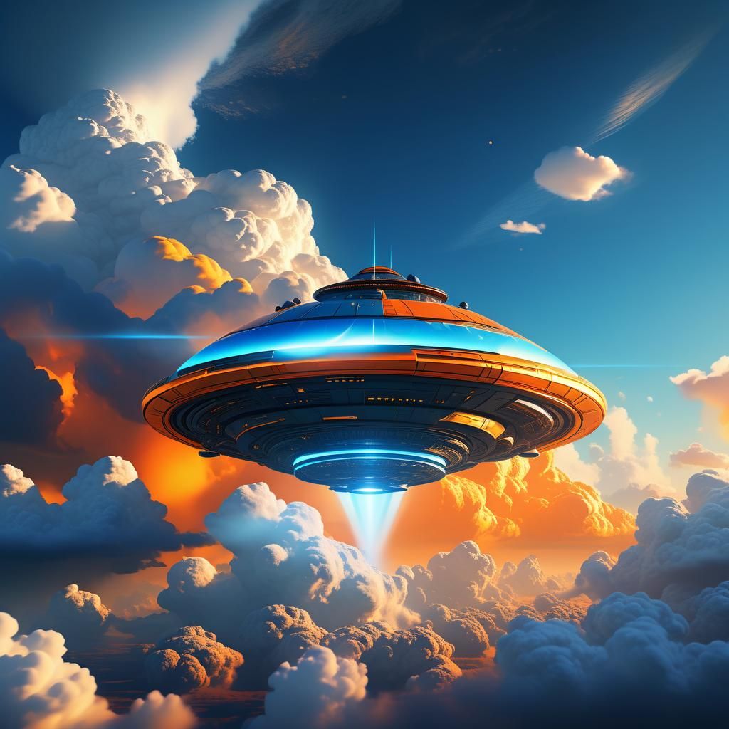 Camouflaged UFO in Surreal Sci-Fi Sky