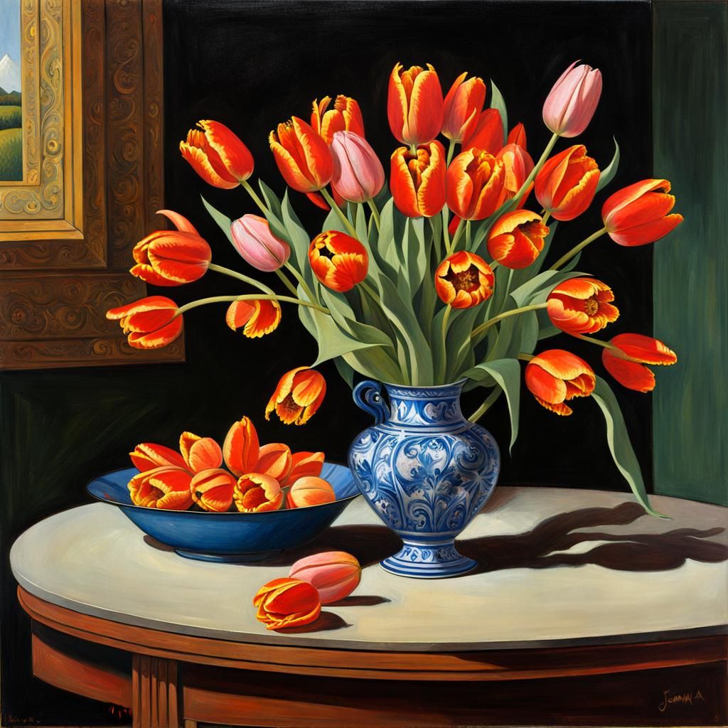Tulip Bouquet Still Life in Oil Painting Style