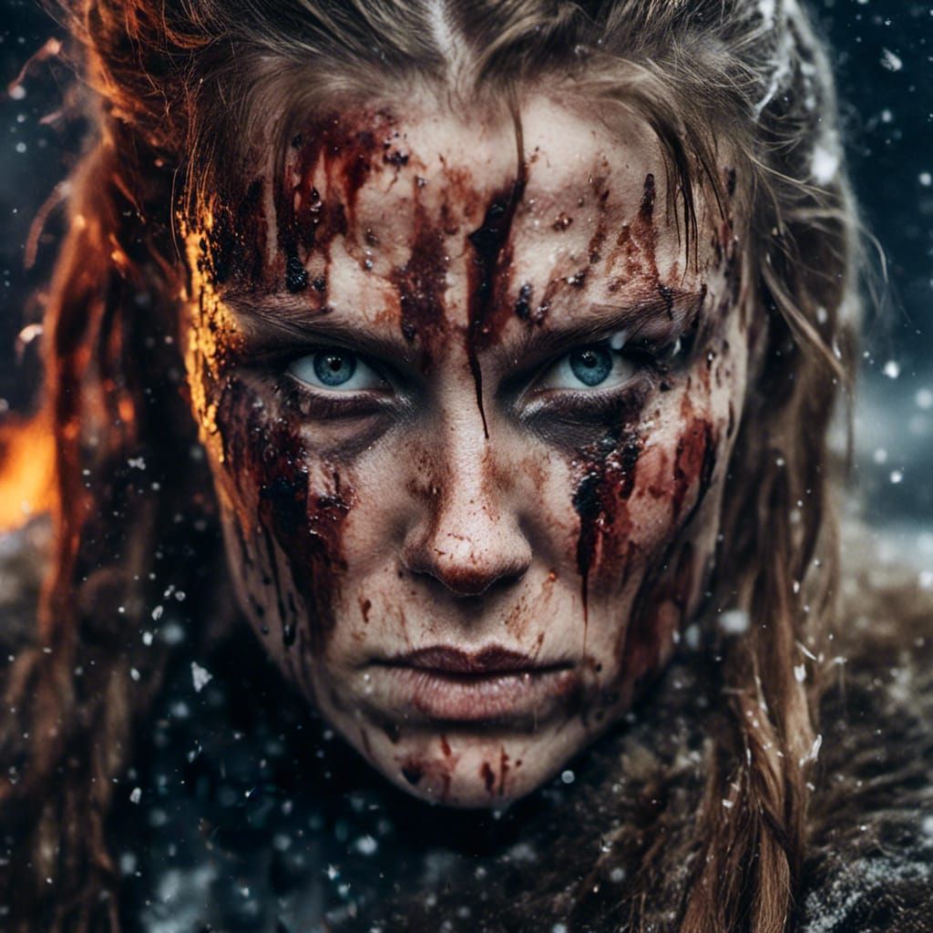 Crying Viking Warrior Portrait with Flames and Snow