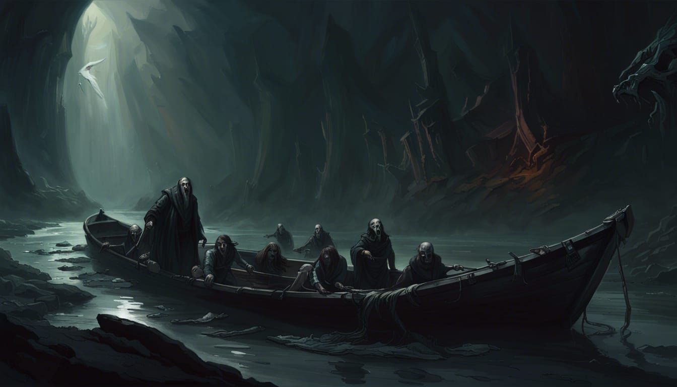 Charon Relaxes in Underworld River: Dark Fantasy Art