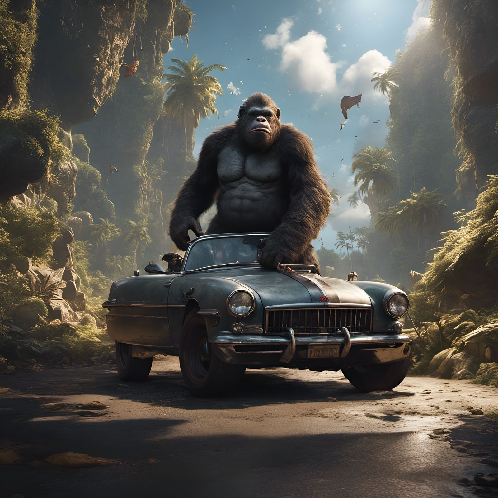 King Kong Driving Car, Animated Fantasy Concept Art