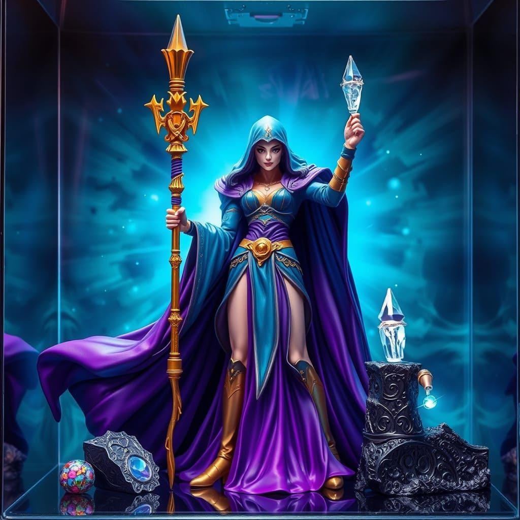 Ethereal Sorceress in Holographic Box with Magical Accents