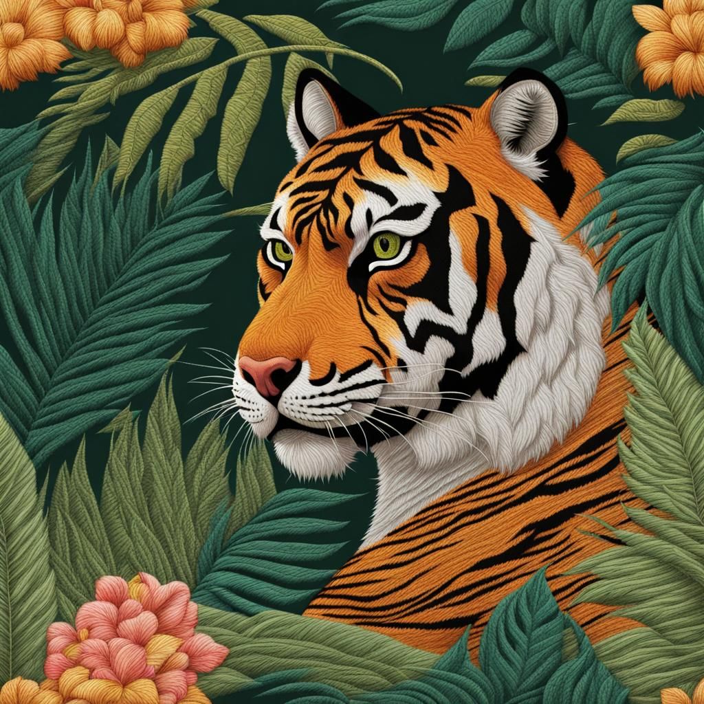 Embroidered Tiger in Jungle Landscape