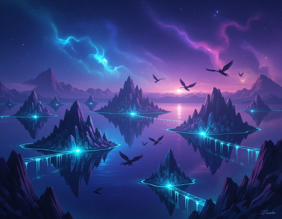 Surreal Bioluminescent Islands in Nebula Sky