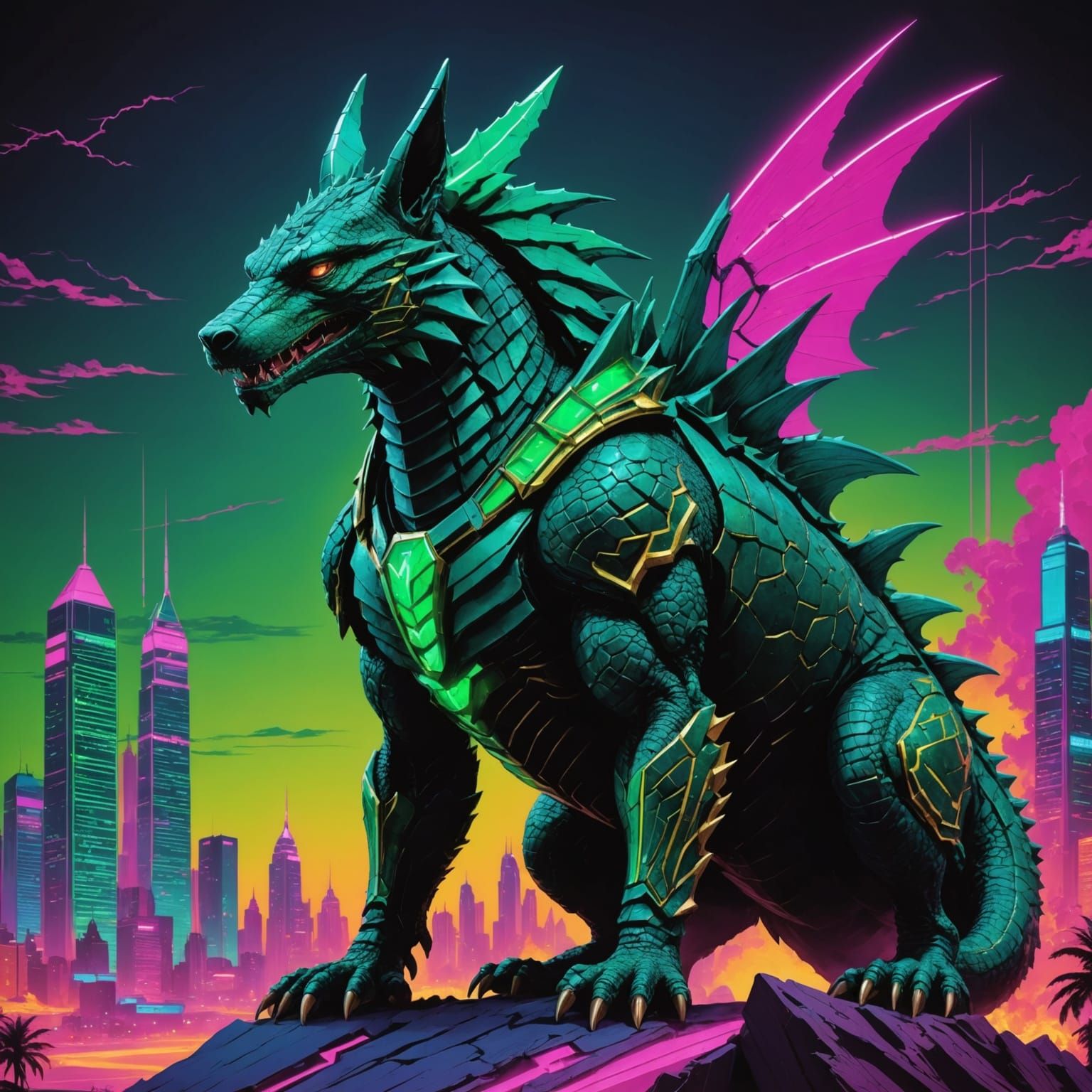 Emerald Anubis Godzilla Dragon in Synthwave Neon