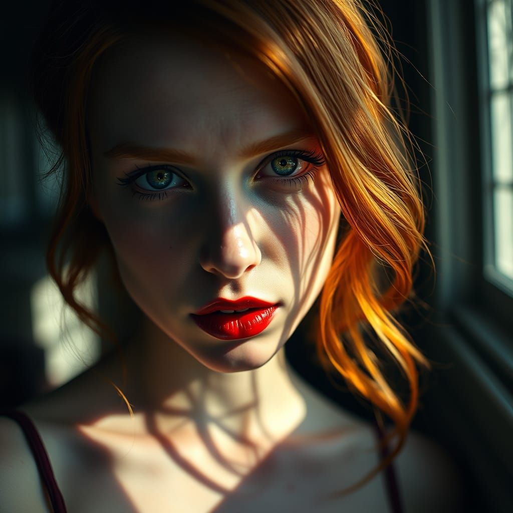 Redhead Portrait with Green Eyes in Photographic Style