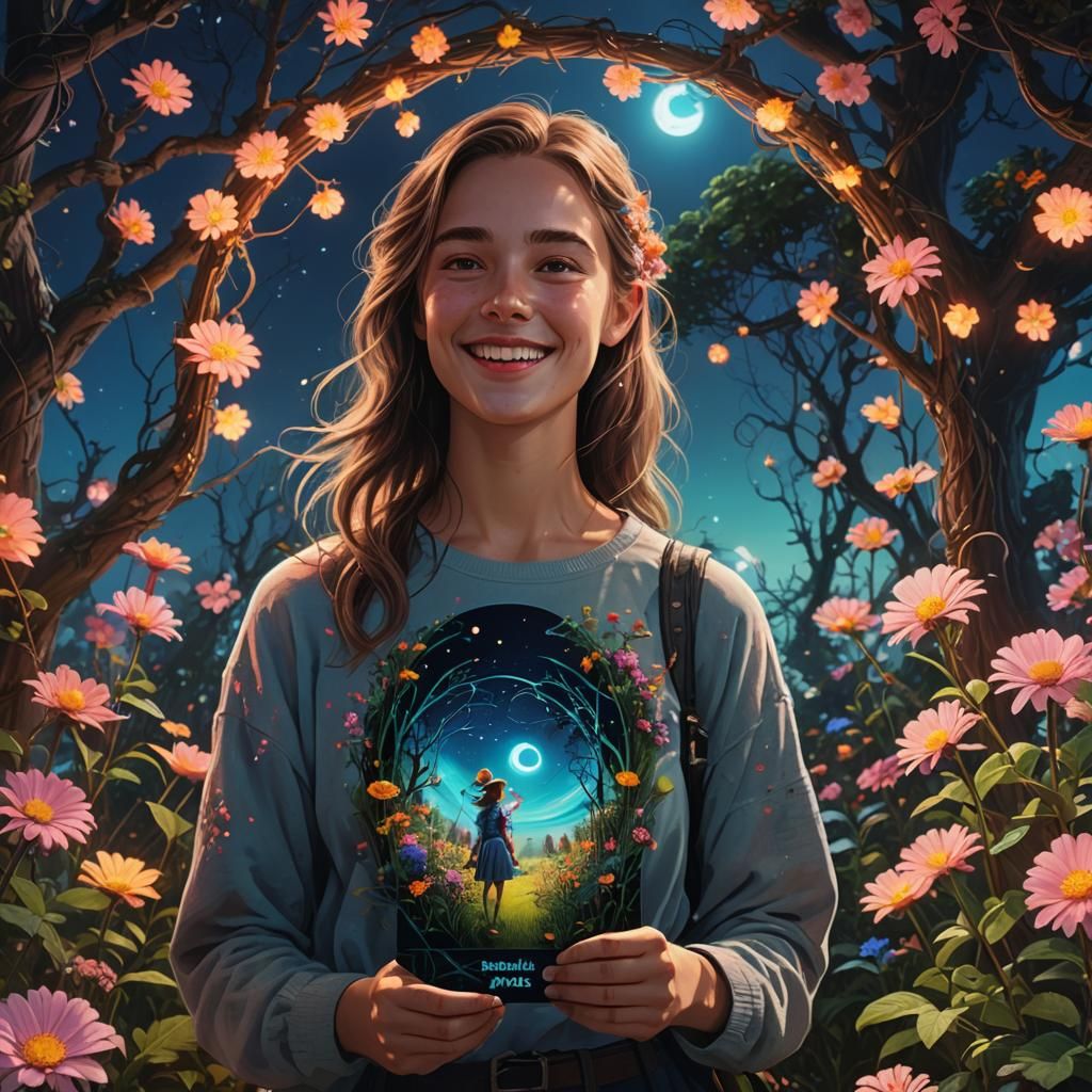 Moonlit Garden: Woman with Shimmering Poster