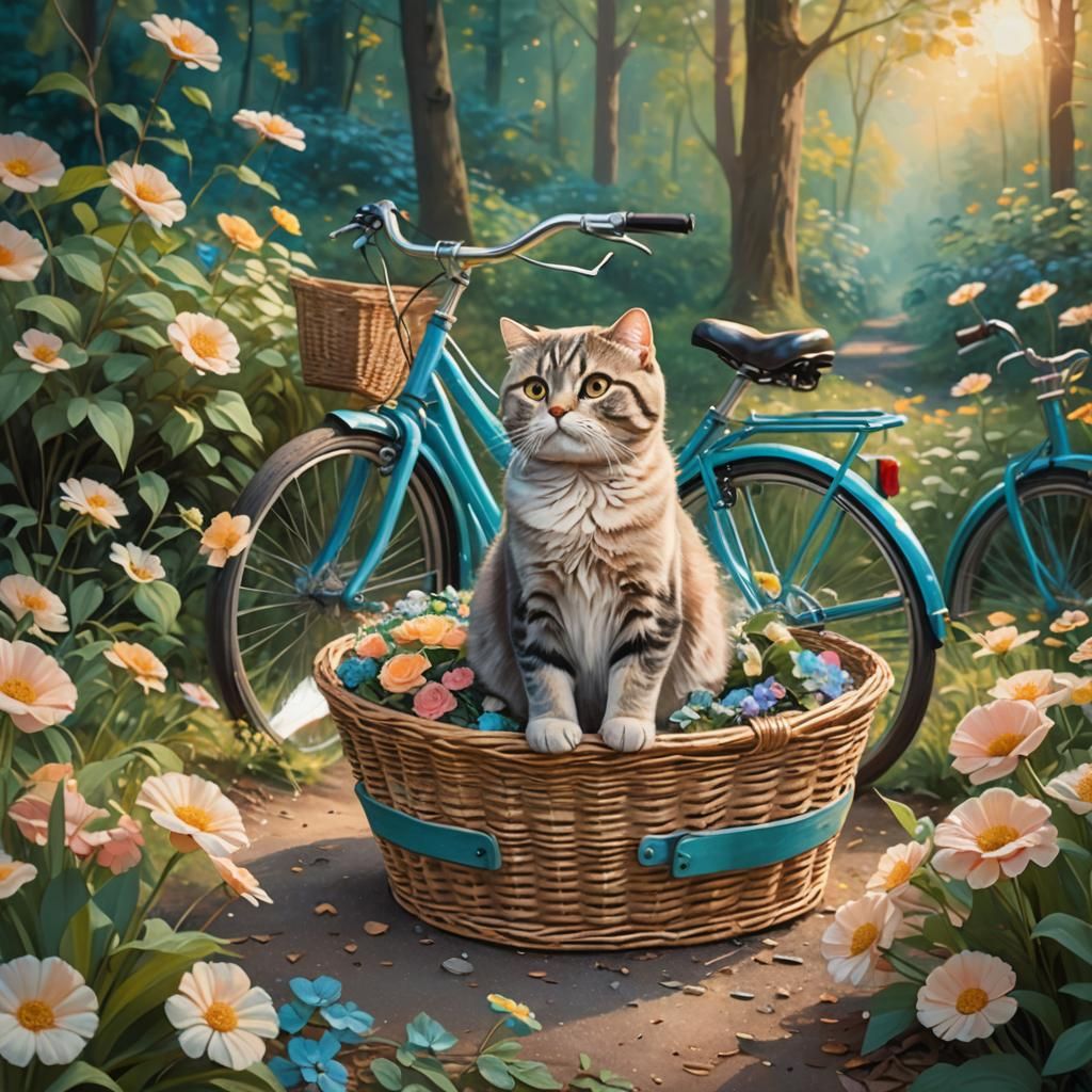 Scottish Fold Cat in Forest, Art Nouveau Oil Painting