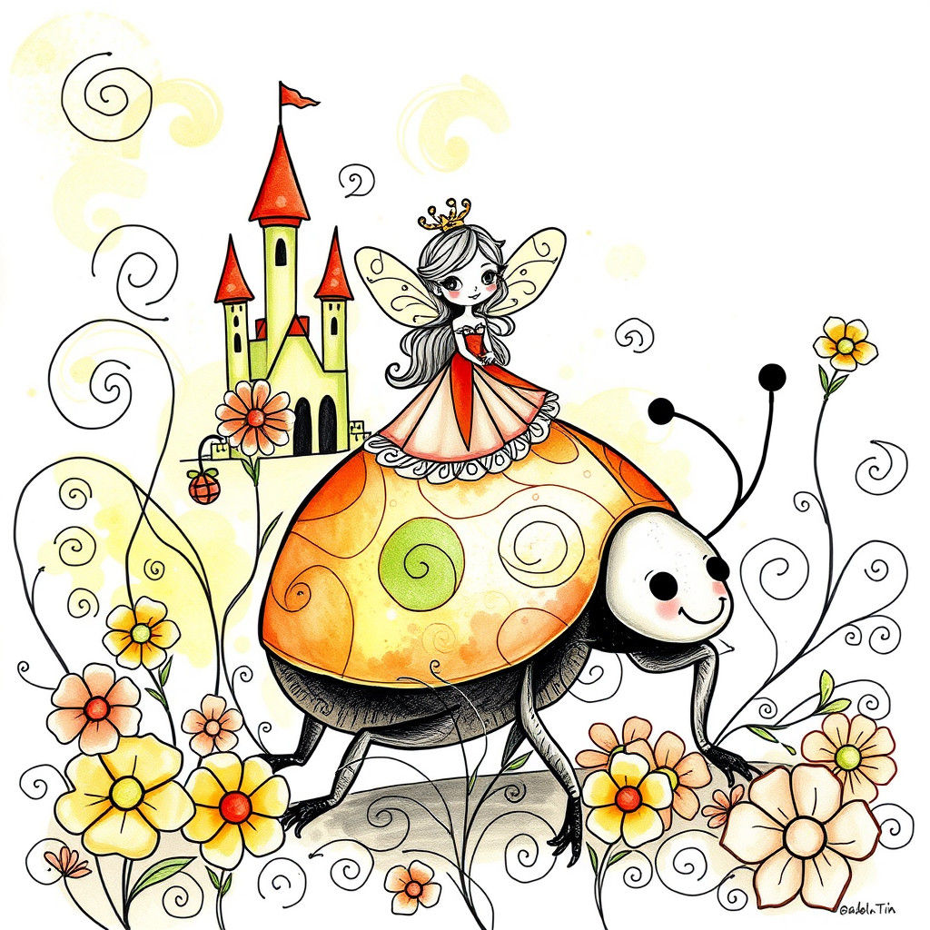 Fairy Princess Rides Ladybug in Doodle Line Art