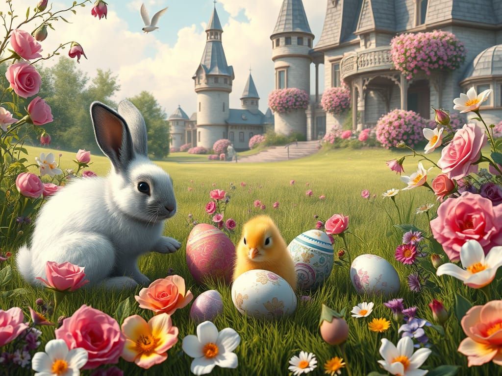 Easter Bunnies Painting Eggs in Floral Meadow