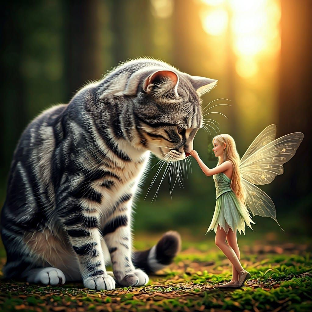 Sleek Feline and Fairy in Tender Moment